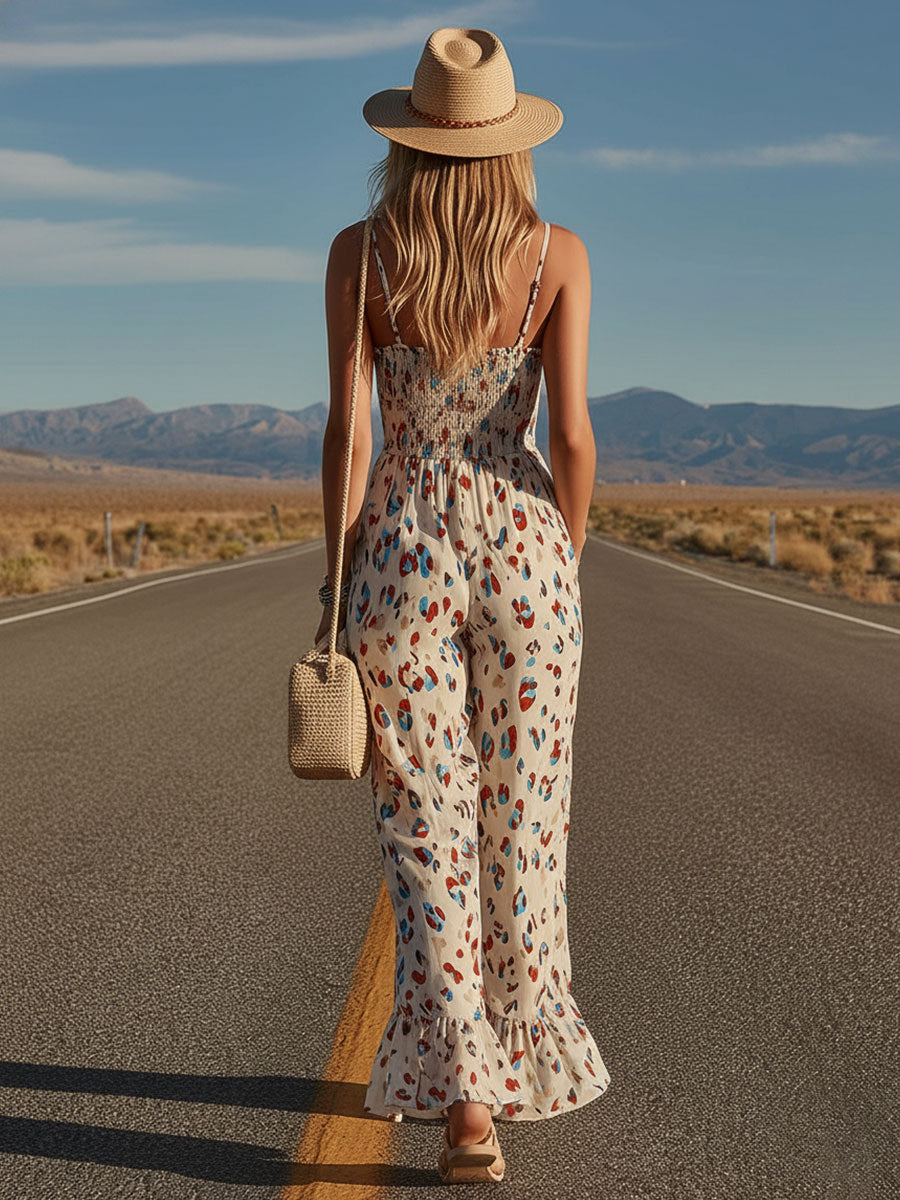 Western Retro Leopard Print White Ruffled Square Neck Chiffon Jumpsuit