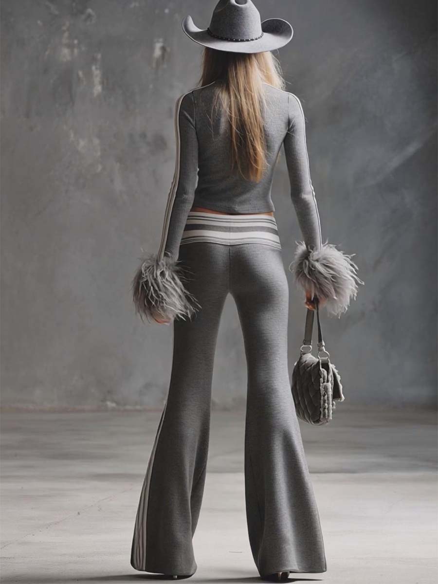 Retro Fashion Sporty Grey Knitted Feather Cuffs High-neck Top And Slim-fit Flared Trousers Suit
