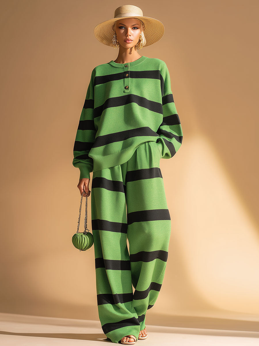 Casual Sports Green And Black Striped Sweatshirt And Trousers Set