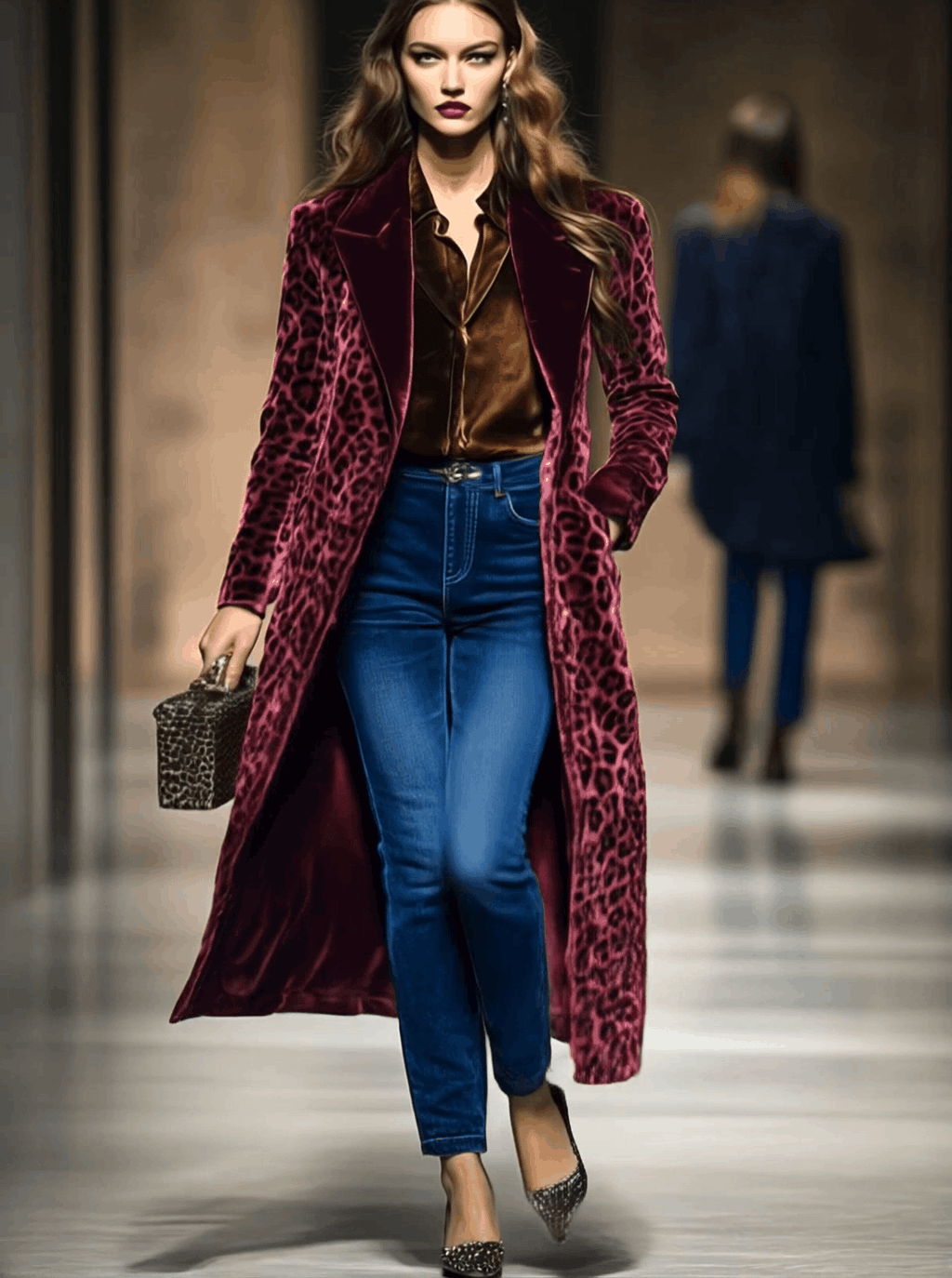 Casual Loose Vintage Velvet Leopard Print Colourblock Lapel Coat