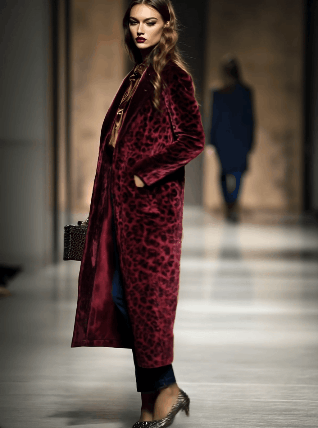 Casual Loose Vintage Velvet Leopard Print Colourblock Lapel Coat