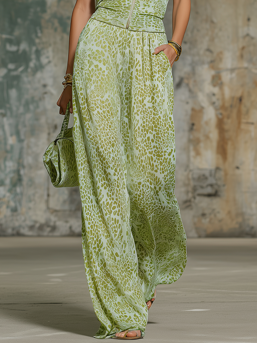 Retro Elegant Leopard Print Lapel Sleeveless Chiffon Top and Wide-leg Trousers Set