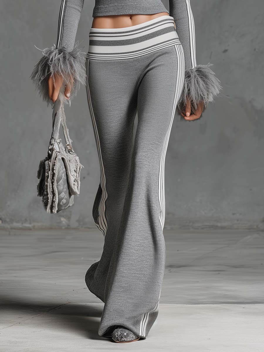 Retro Fashion Sporty Grey Knitted Feather Cuffs High-neck Top And Slim-fit Flared Trousers Suit