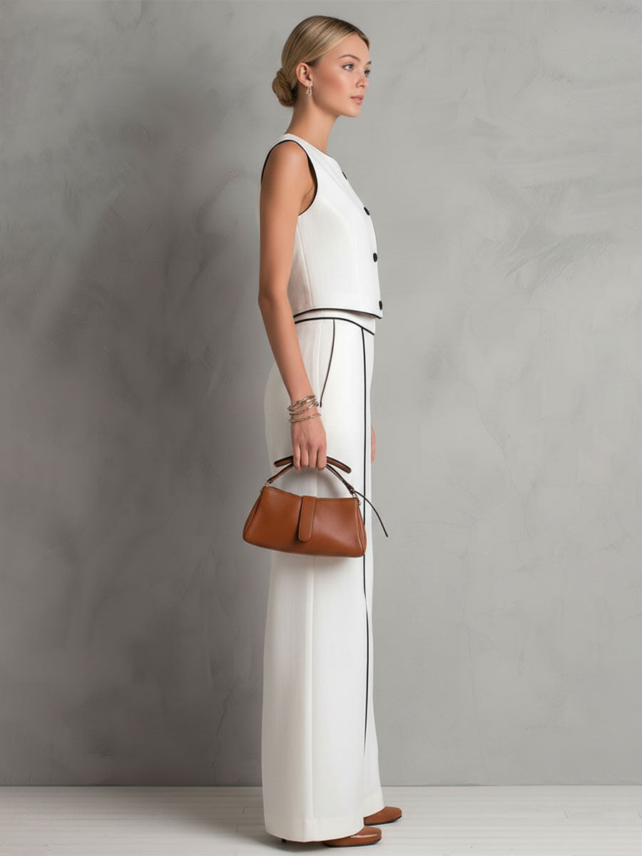 Stylish and Casual White Cotton Top with Black Trim and Split-leg Wide-leg Pants Set