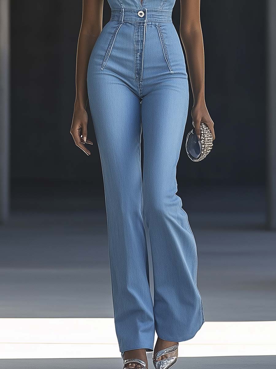 【24-hour shipping out】Simple and Fashionable V-neck Sleeveless Tight Light Blue Denim Jumpsuit