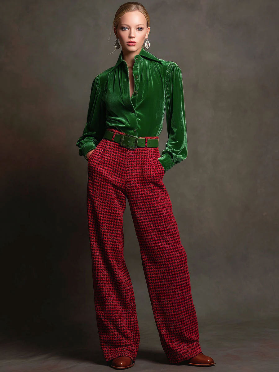 Retro Green Velvet Pleated Long-sleeved Shirt and Houndstooth Wide-leg Trousers Set