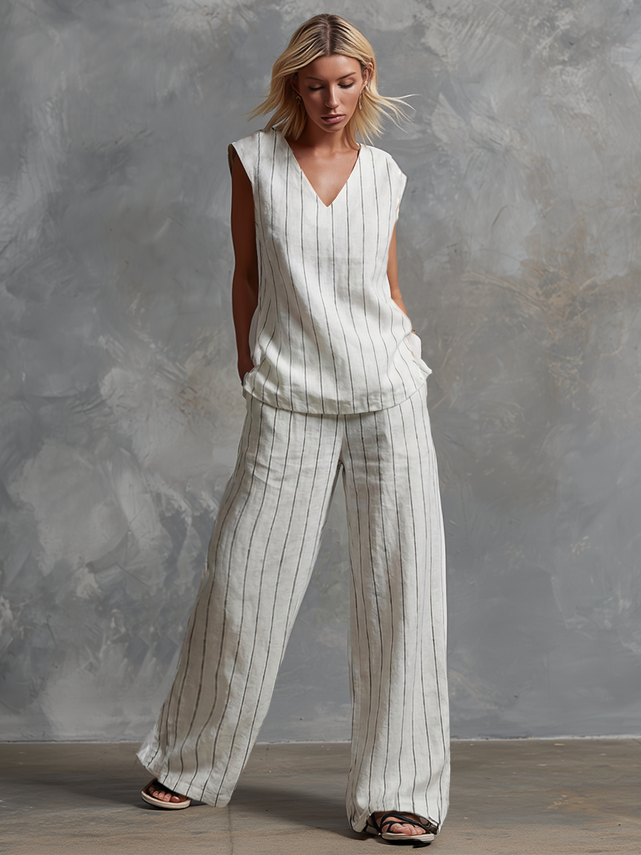 Classic Striped White Cotton Sleeveless Top and Wide-leg Trousers Set