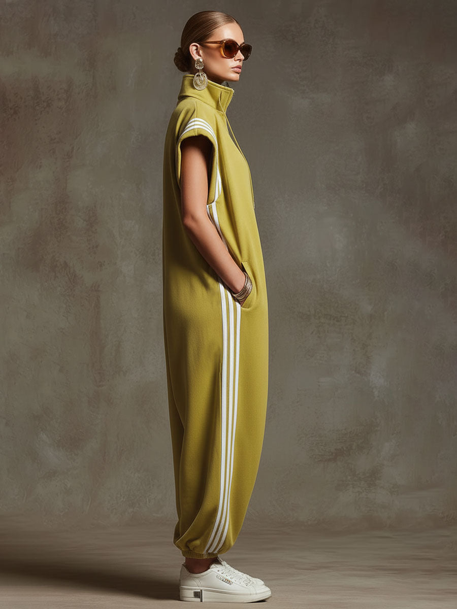 Casual Sports White Webbing Yellow-Green Sleeveless Jumpsuit