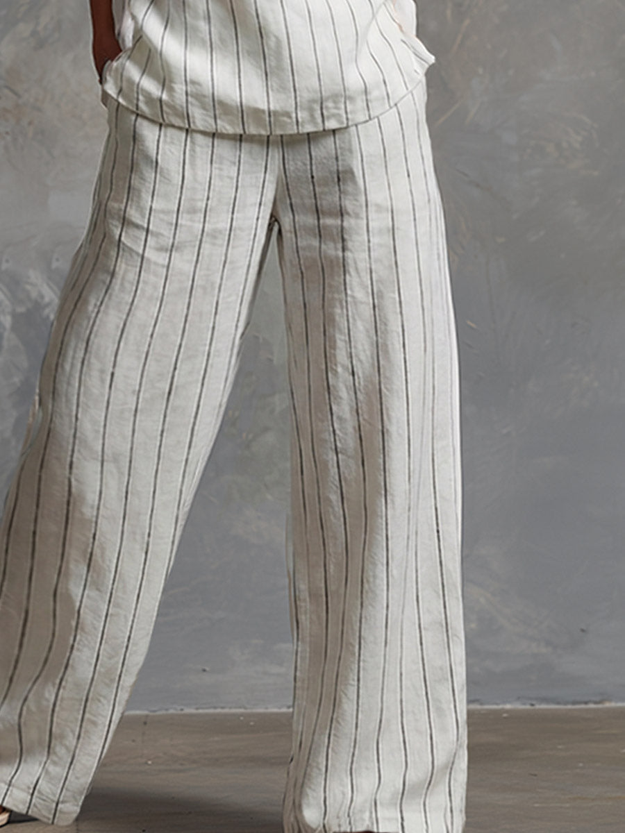 Classic Striped White Cotton Sleeveless Top and Wide-leg Trousers Set