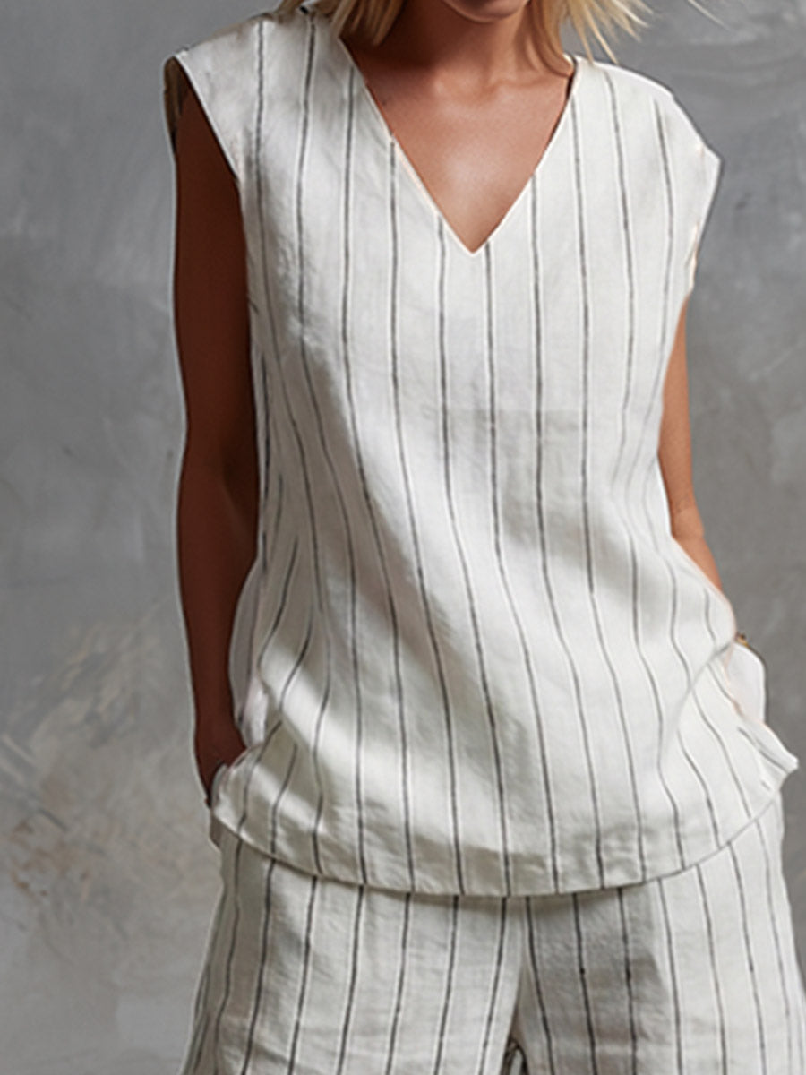 Classic Striped White Cotton Sleeveless Top and Wide-leg Trousers Set