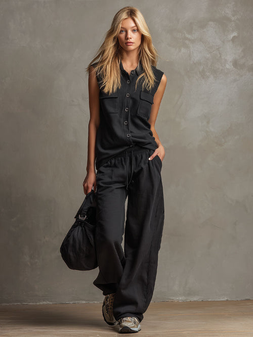 Black Collared Button-down Sleeveless Top and Trousers Set