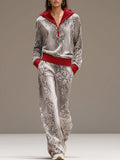 Casual Sporty Retro Snakeskin Grey Velvet Hooded Sweatshirt Wide-Leg Set
