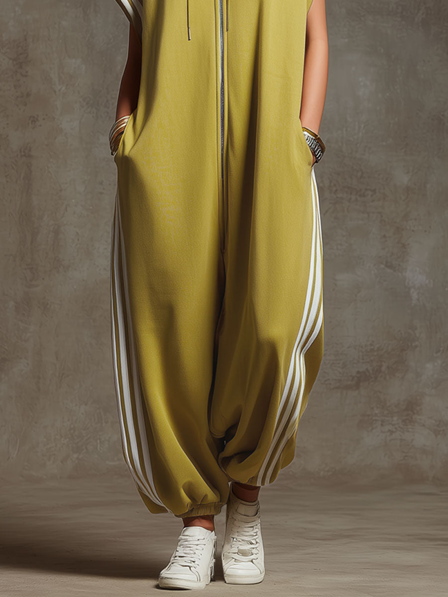 Casual Sports White Webbing Yellow-Green Sleeveless Jumpsuit
