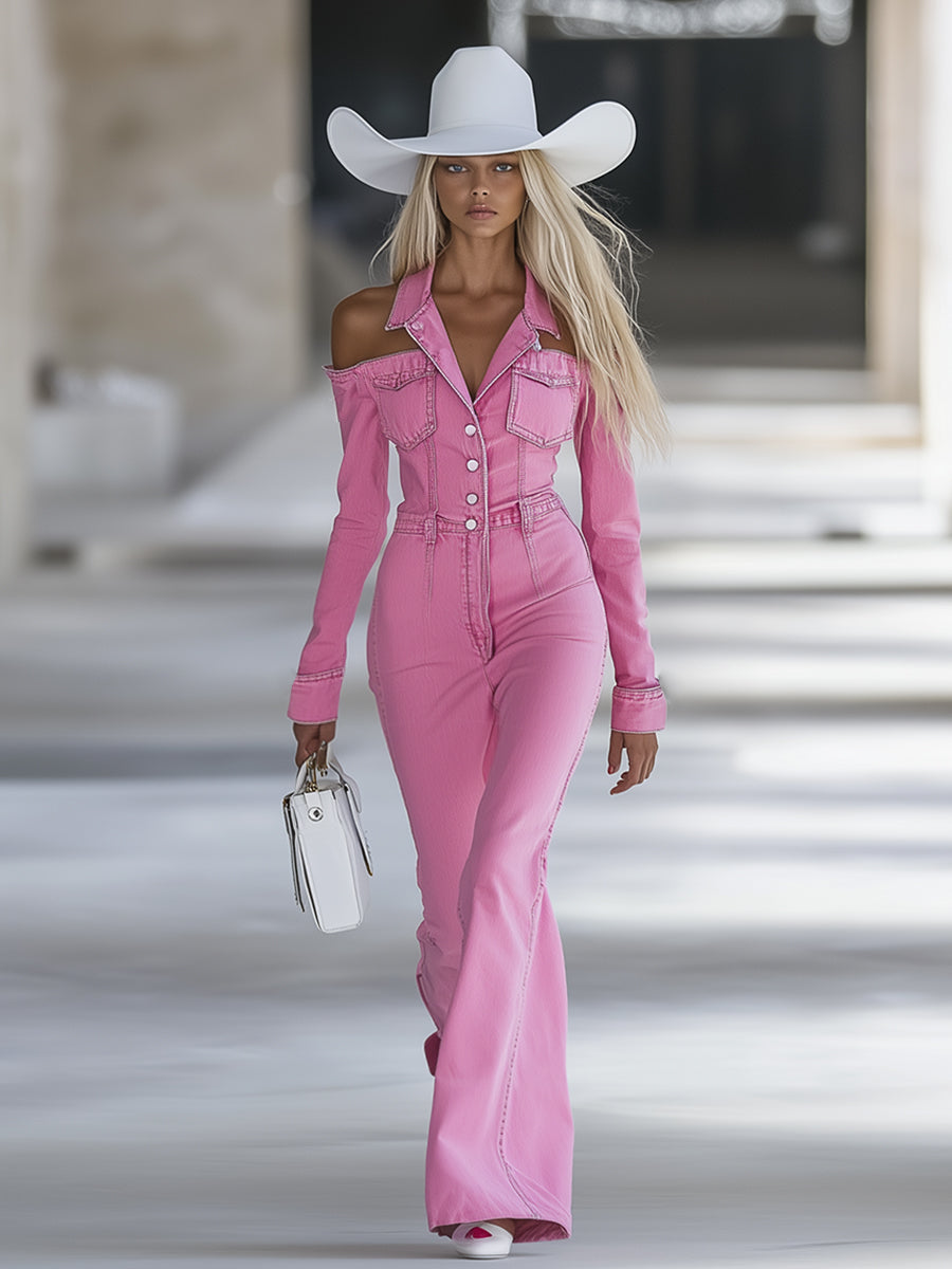 Fashionable Personalised Lapel Pink Denim Off-the-shoulder Long-sleeved Flared Jumpsuit