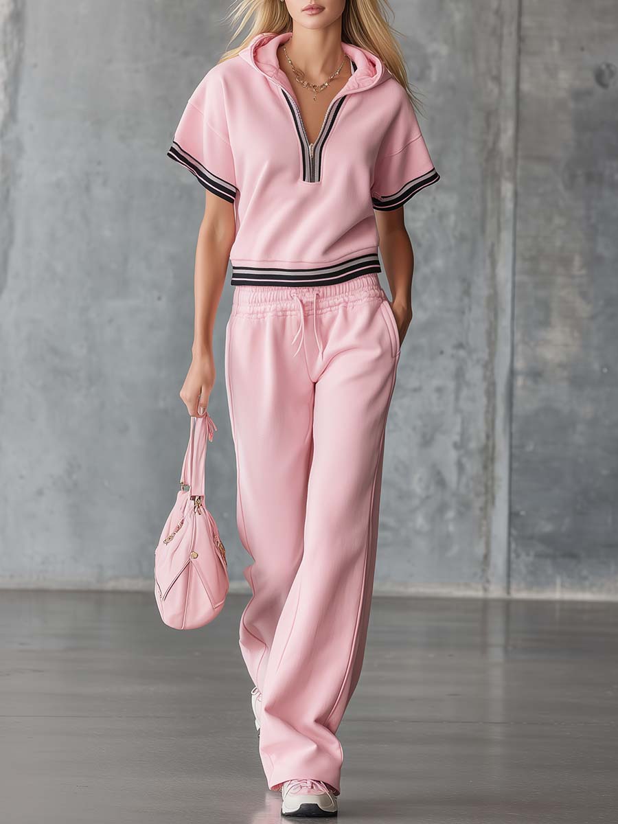 Elegant Fashion Sporty Hooded Front Zipper Short-sleeved Pink Cotton Top And Trousers Set