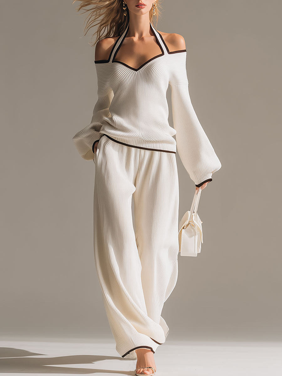 Elegant Colour-blocked White Halter-neck Long-sleeved Knit Top And Trousers Set