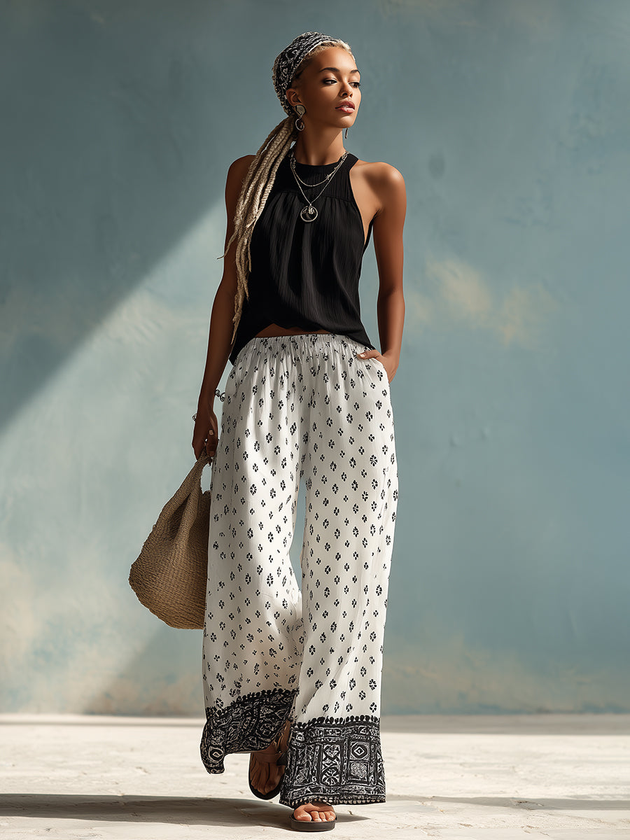 Chic Black Halter Neck Top and White Ethnically Printed Chiffon Wide-Leg Trousers Set