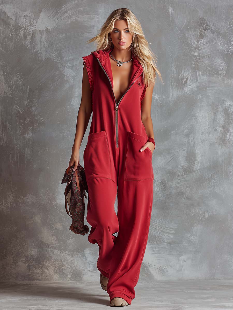 Retro Fashion Sporty Hooded V-neck Front Zipper Raspberry Red Cotton Jumpsuit