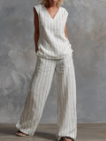 Classic Striped White Cotton Sleeveless Top and Wide-leg Trousers Set
