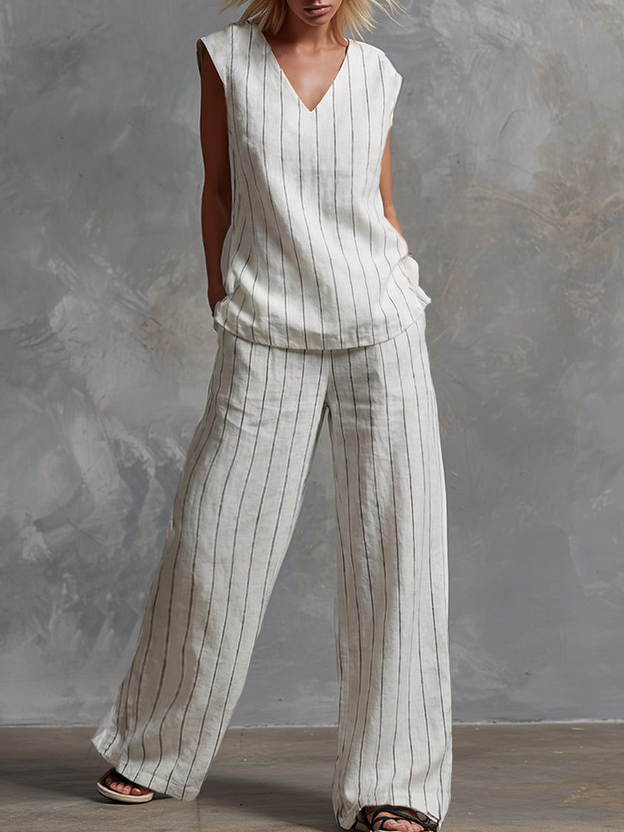 Classic Striped White Cotton Sleeveless Top and Wide-leg Trousers Set