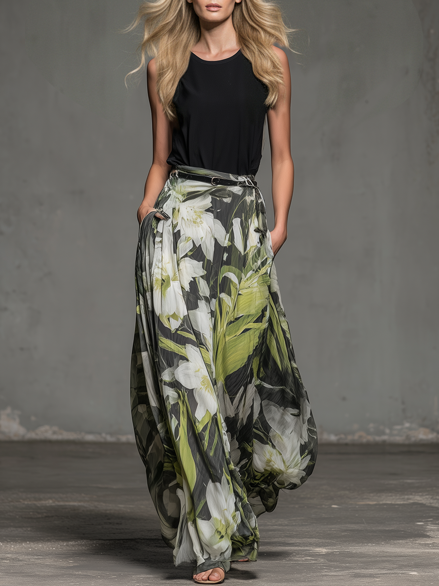 Stylish and Beautiful Round-Neck Sleeveless Top and Printed Chiffon Trousers Set