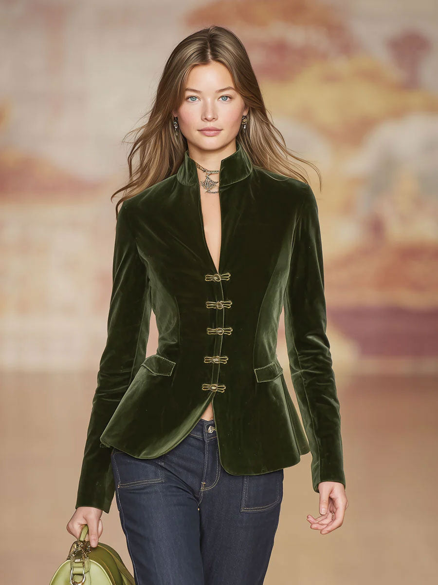 Elegant Retro Gold-Buttoned Dark Green Velvet Blazer