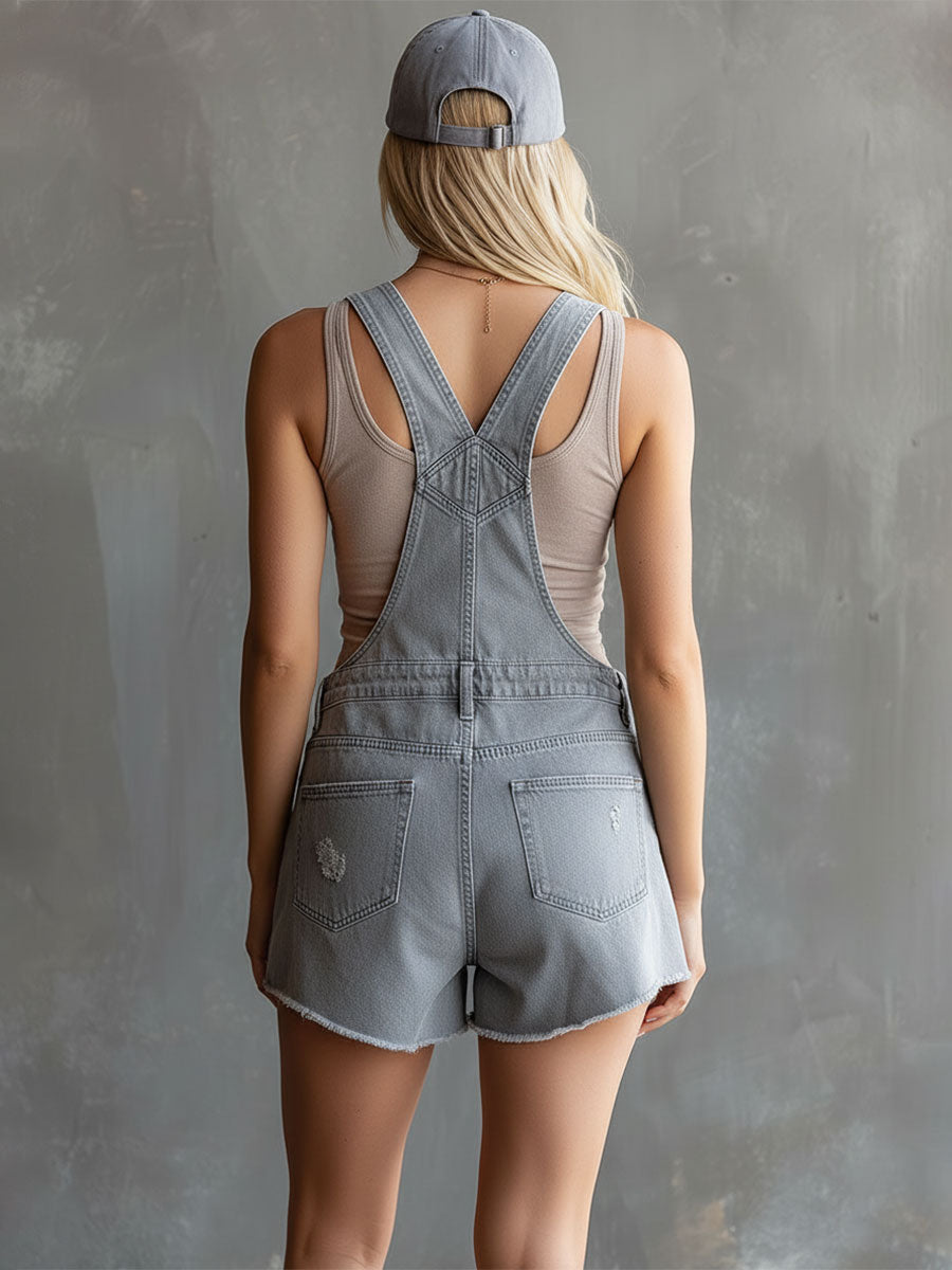 Casual Retro Grey Washed Denim Overalls