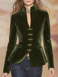 Elegant Retro Gold-Buttoned Dark Green Velvet Blazer