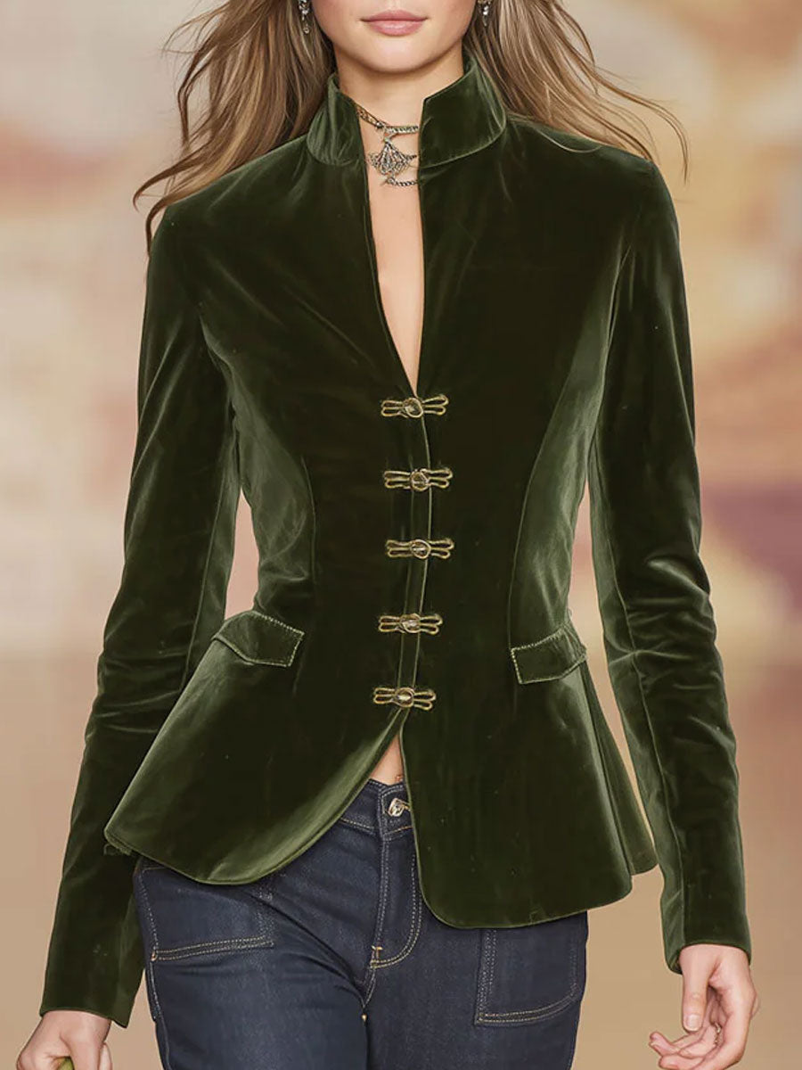 Elegant Retro Gold-Buttoned Dark Green Velvet Blazer