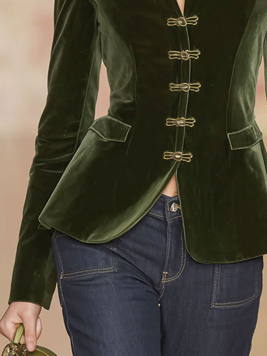 Elegant Retro Gold-Buttoned Dark Green Velvet Blazer