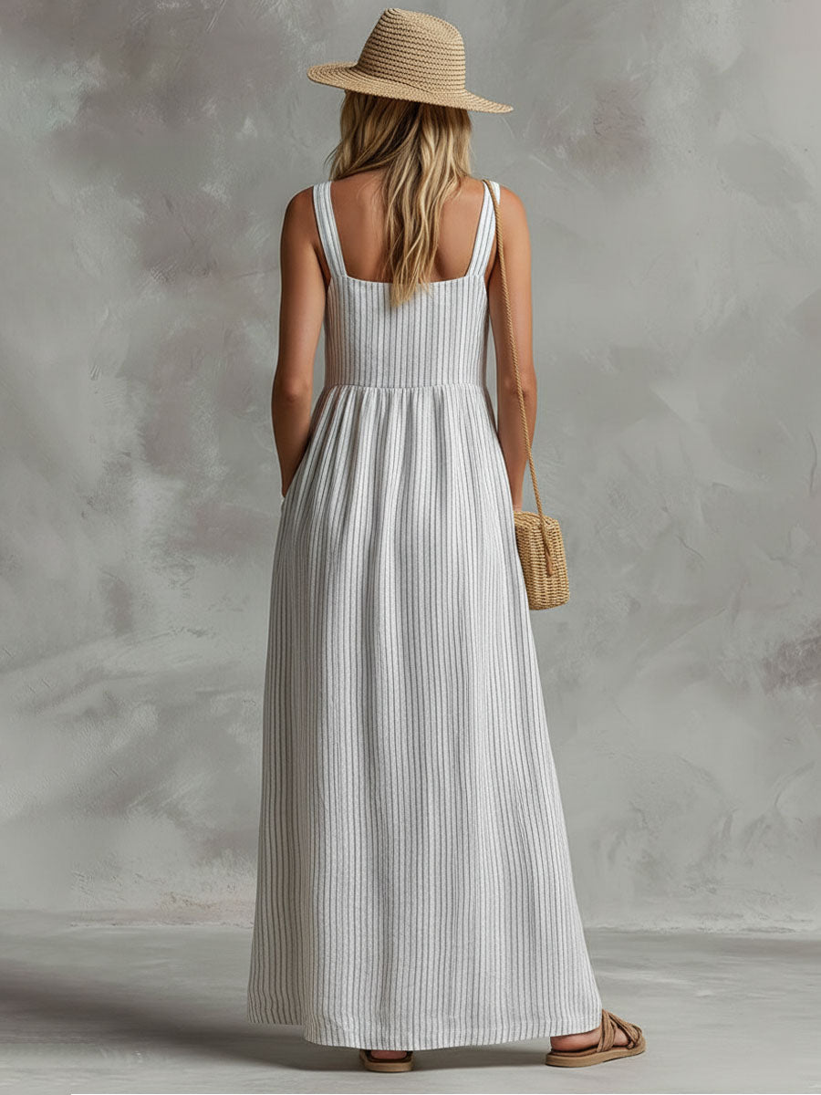 Retro Boho Square Neck Cotton Linen Striped Sleeveless Maxi Dress