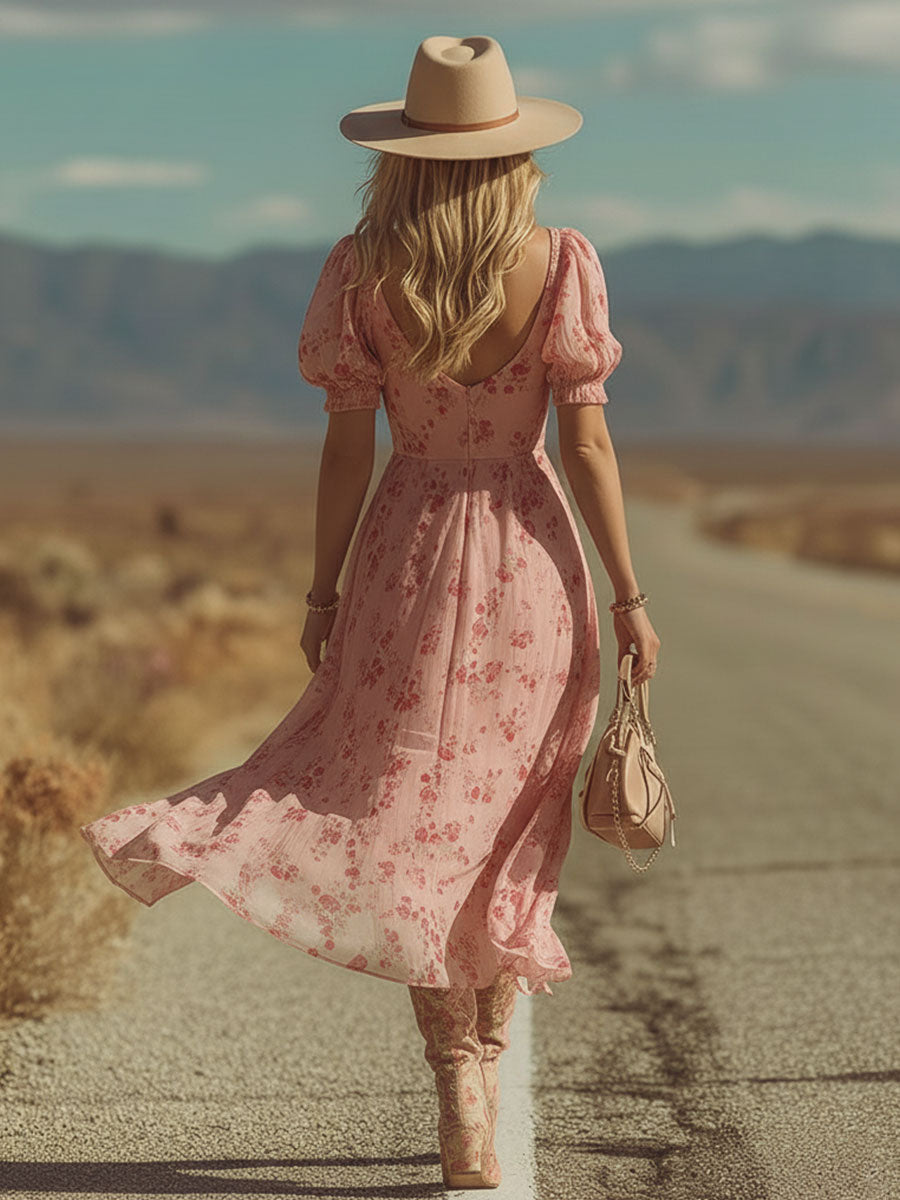 Retro Ethnic-Style Pink Floral Print Short-Sleeve V-Neck Chiffon Midi Dress