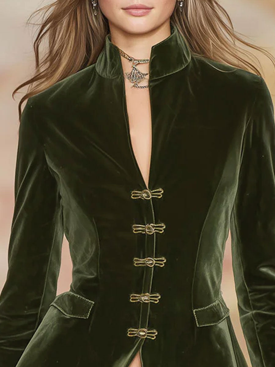 Elegant Retro Gold-Buttoned Dark Green Velvet Blazer