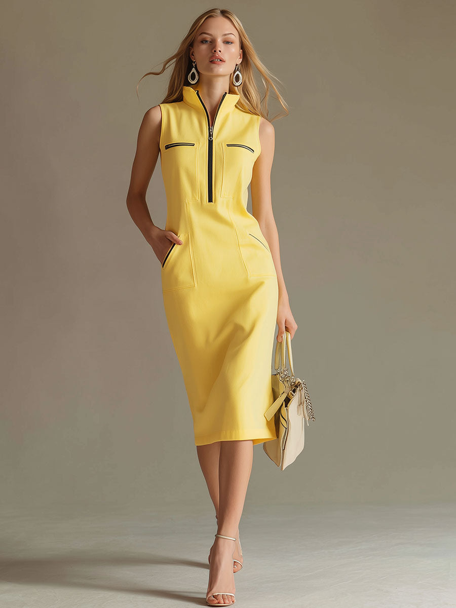 Stylish and Casual Yellow Stand-up Collar Sleeveless Midi Dress