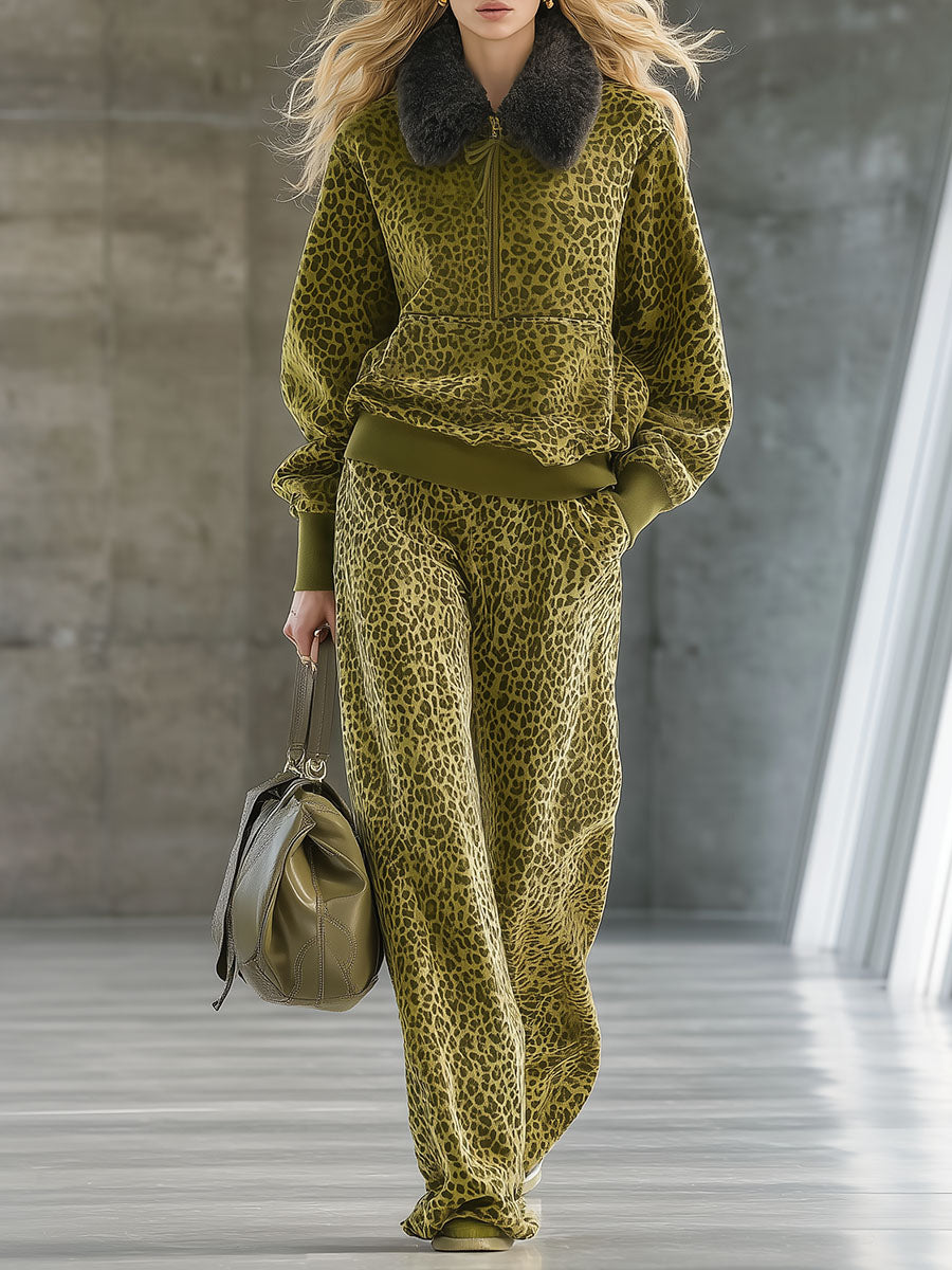 High-end Fashionable Leopard Print Velvet Faux Fur Collar Sweatshirt Wide-leg Trousers Suit