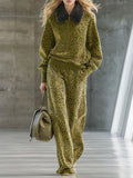 High-end Fashionable Leopard Print Velvet Faux Fur Collar Sweatshirt Wide-leg Trousers Suit