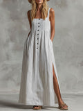 Retro Boho Square Neck Cotton Linen Striped Sleeveless Maxi Dress
