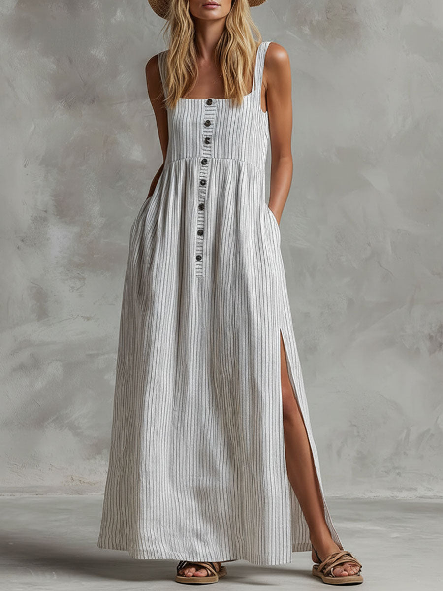 Retro Boho Square Neck Cotton Linen Striped Sleeveless Maxi Dress