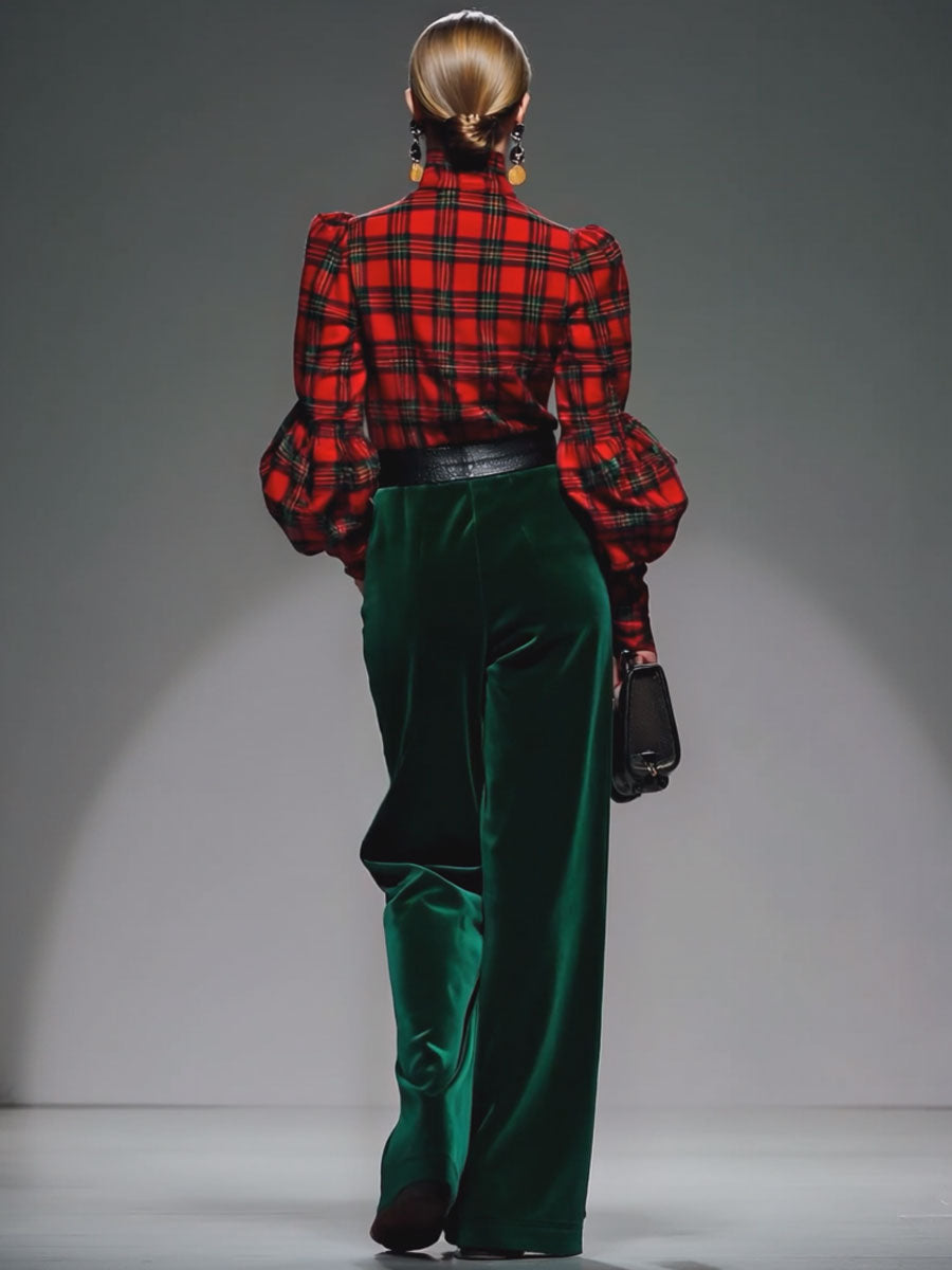 Trendy Retro Plaid Velvet Turtleneck Long-Sleeved T-Shirt and Wide-Leg Trousers Set