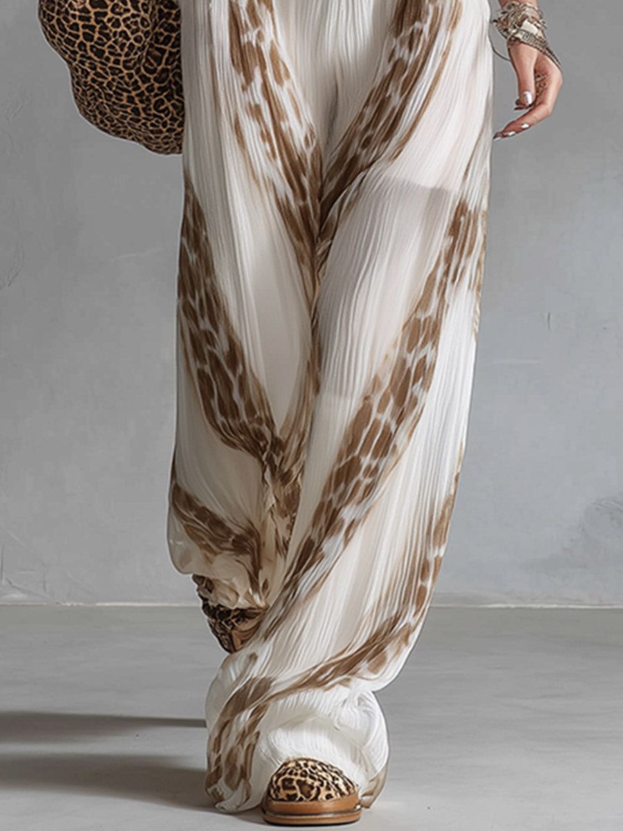 Elegant Vacation Style White Mesh Knit Tank Top Chiffon Printed Wide-leg Trousers Set