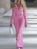 Fashionable Personalised Lapel Pink Denim Off-the-Shoulder Long-Sleeved Flared Jumpsuit
