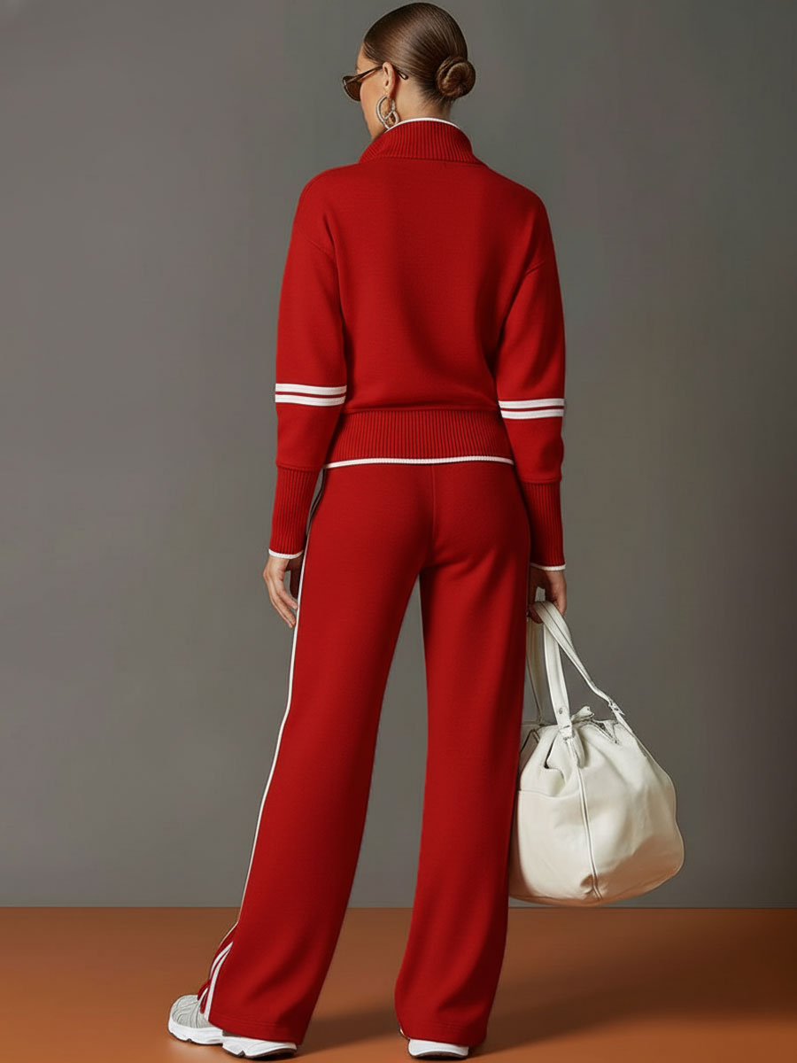 Retro Sporty Webbing Grey-White Half-Zip Sweatshirt and Wide-Leg Trousers Set