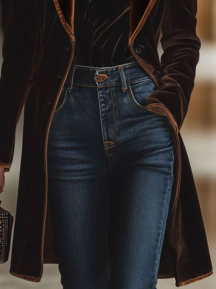 Casual Loose Vintage Velvet Colourblock Lapel Pocket Coat
