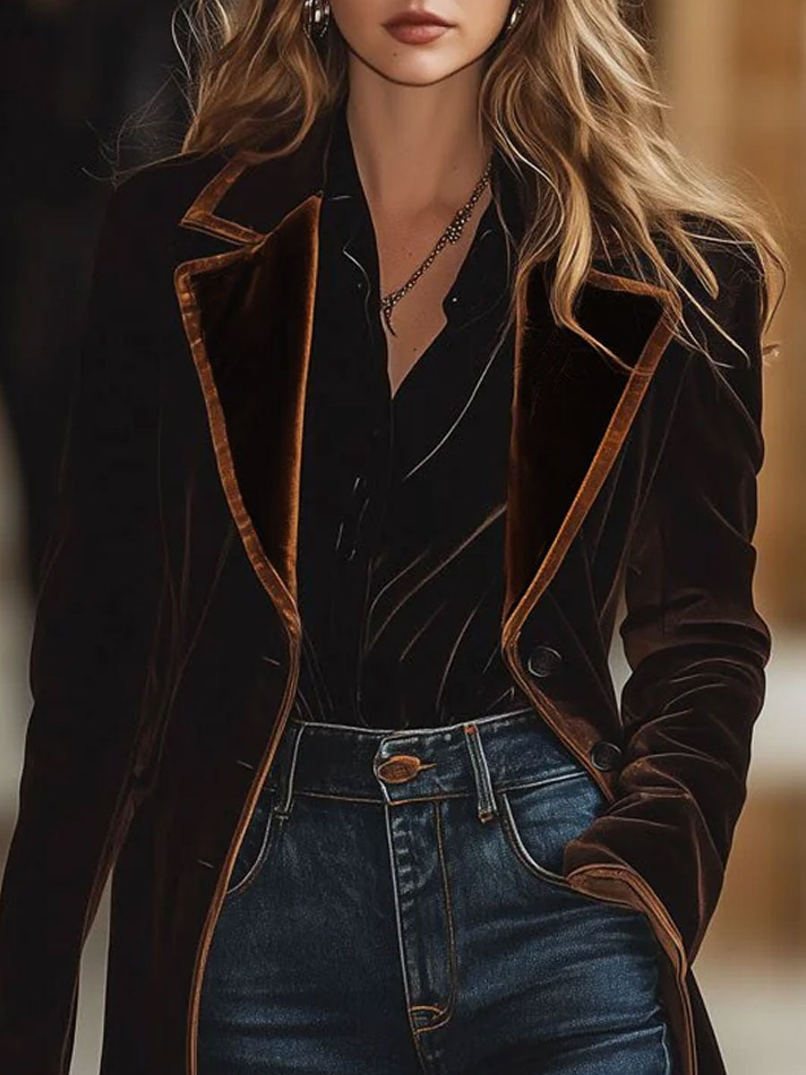 Casual Loose Vintage Velvet Colourblock Lapel Pocket Coat