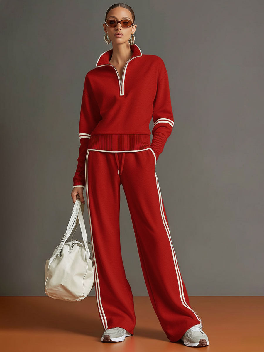 Retro Sporty Webbing Grey-White Half-Zip Sweatshirt and Wide-Leg Trousers Set