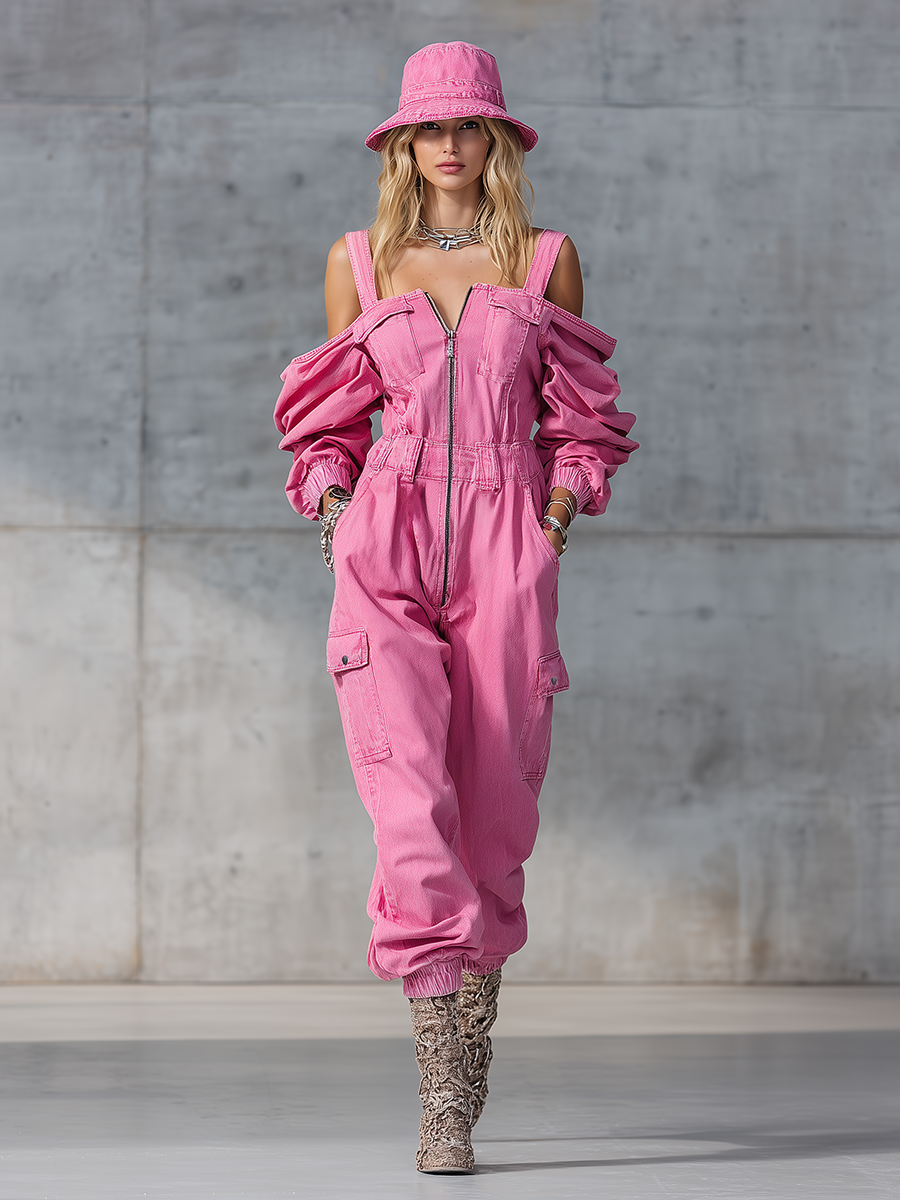 Stylish and Modern Long-sleeved Strappy Tapered Legs Pink Denim Jumpsuit