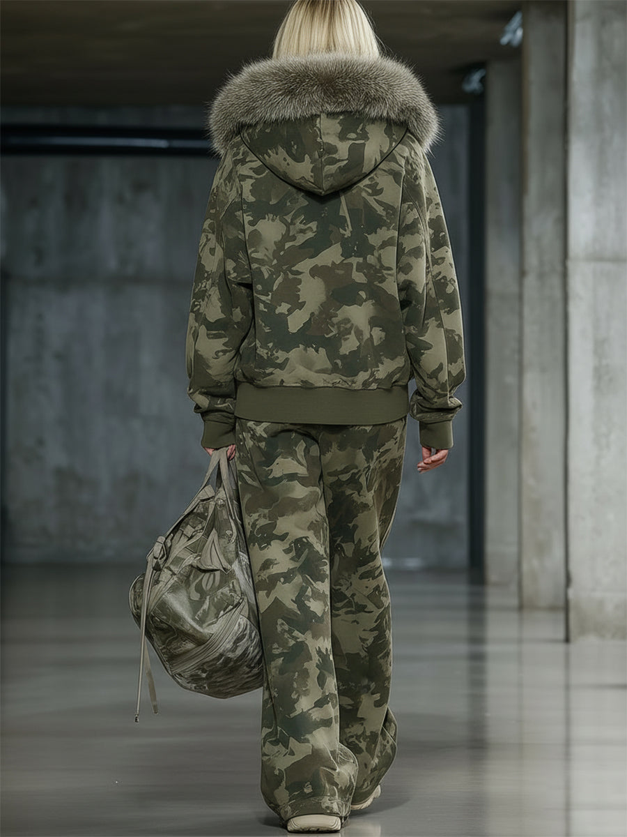 Casual and Fashionable Camouflage Print Faux Fur Collar Sweatshirt and Wide-leg Pants Suit