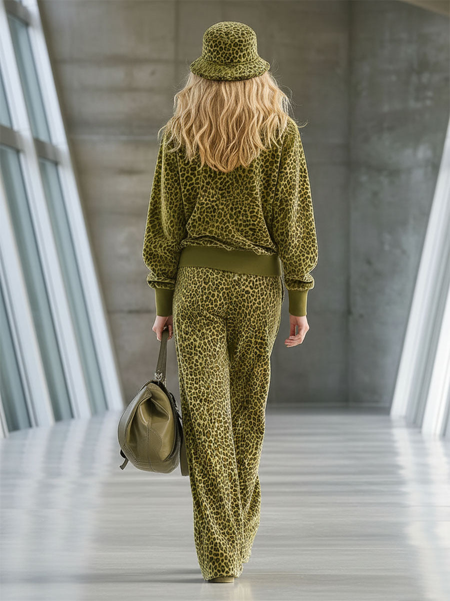 High-end Fashionable Leopard Print Velvet Faux Fur Collar Sweatshirt Wide-leg Trousers Suit
