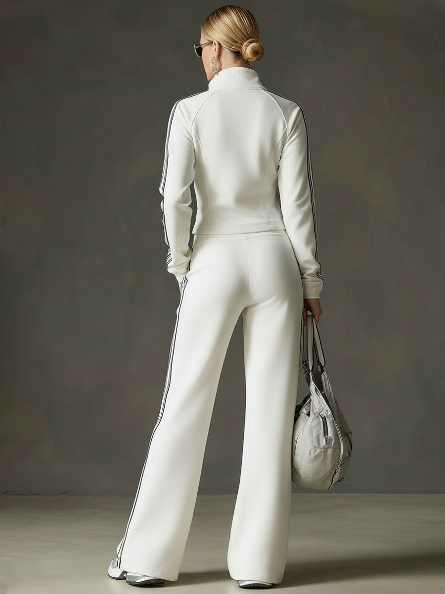 Sporty Retro Striped Webbing White Long-Sleeve Sweatshirt And Wide-Leg Trousers Set