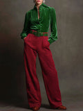 Retro Green Velvet Pleated Long-sleeved Shirt and Houndstooth Wide-leg Trousers Set